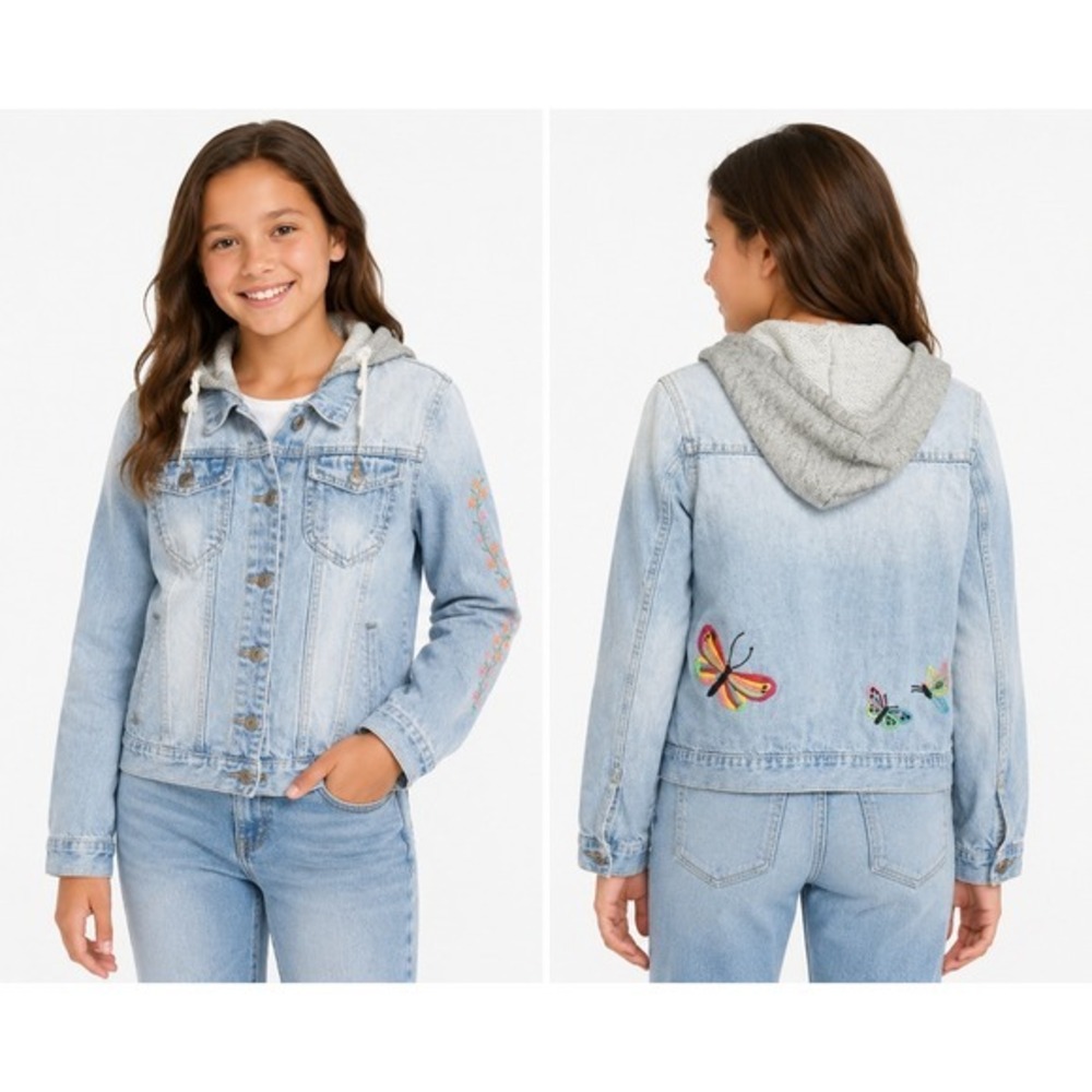The Style Between Us Girls S Light Wash Denim Jacket Embroidered Butterfly Hood